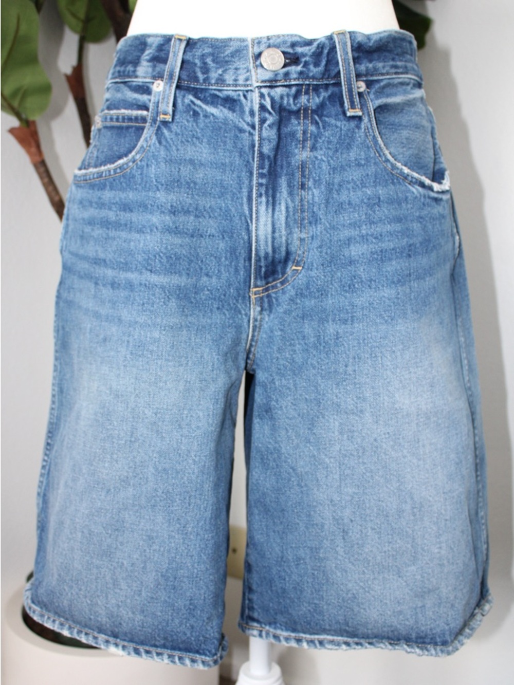 AMO Denim "Laura" Boyfriend Bermuda Shorts - High Rise Long Denim Shorts